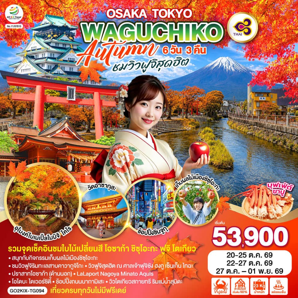 OSAKA TOKYO KAWAGUCHIKO AUTUMN  ชมวิวฟูจิสุดฮิต 6D 3N โดยสายการบินไทย [TG] - ทัวร์ 6 วัน 3 คืน