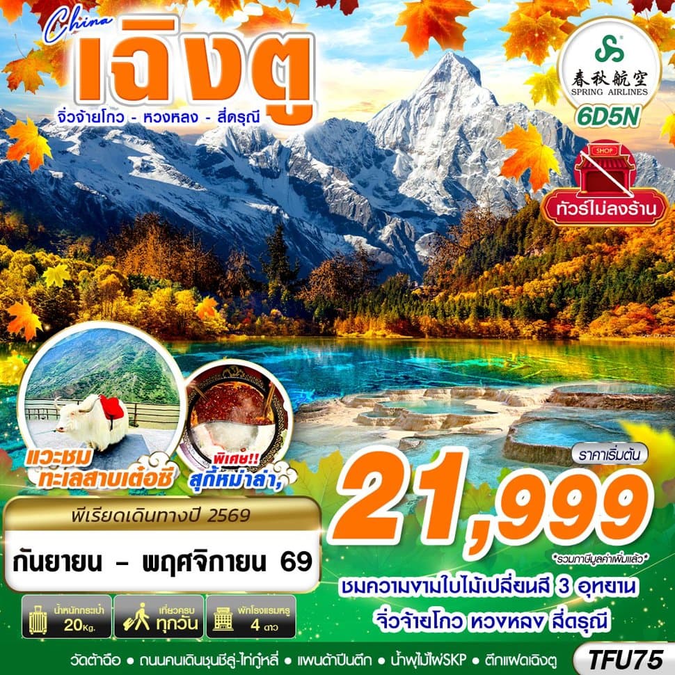 TFU75 9C BKK เฉิงตู สี่ดรุณี หวงหลง จิ่วจ้ายโกว ไม่ลงร้าน 6D5N